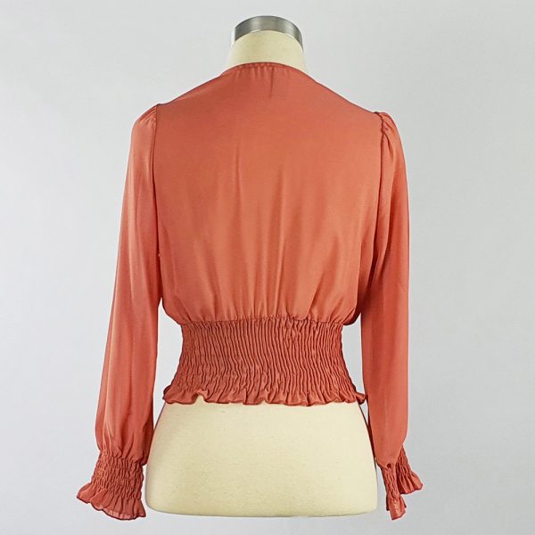 Georgette Cross-over Smocking Blouse Coral Back