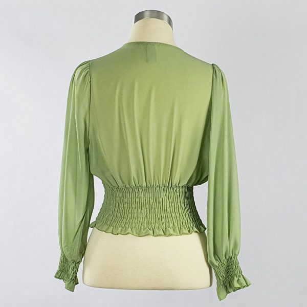 Georgette Cross-over Smocking Blouse Green Back