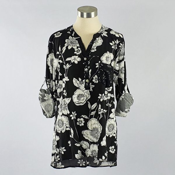 Viscose Printed Shirt with Sequin Pocket & Placket Black/White