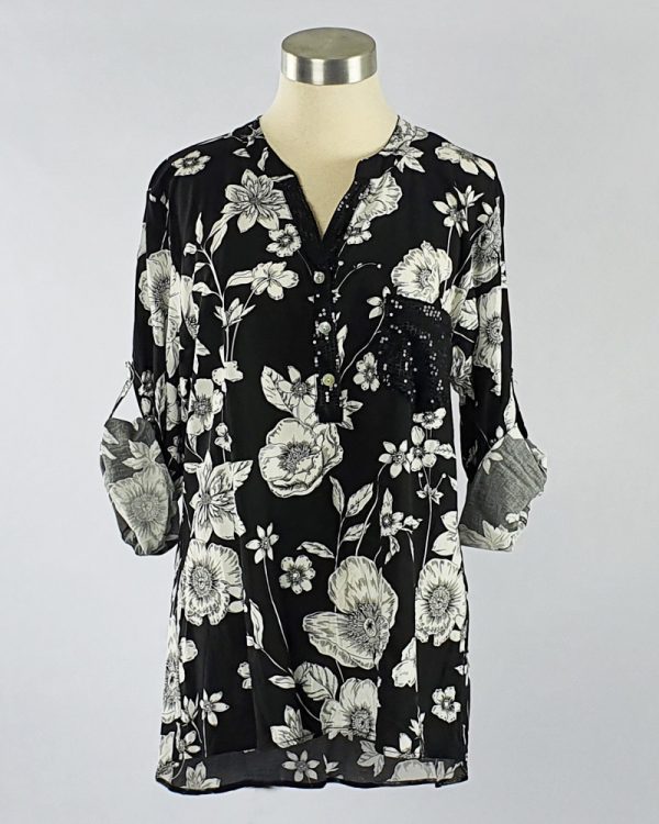 Viscose Printed Shirt with Sequin Pocket & Placket Black/White
