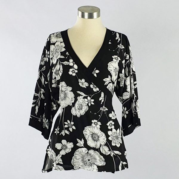 Viscose Print Kimono Wrap Top Black/White