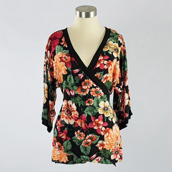 Viscose Print Kimono Wrap Top Black Floral