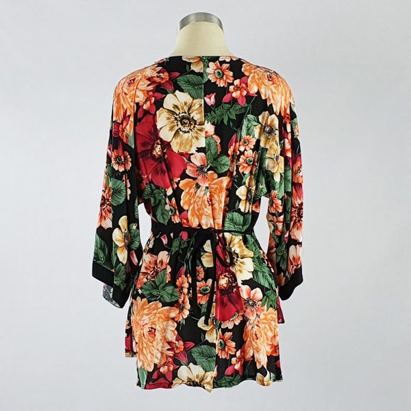 Viscose Print Kimono Wrap Top Black Floral Back