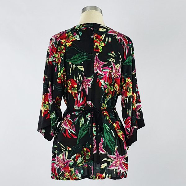 Viscose Print Kimono Wrap Top Black Floral Back