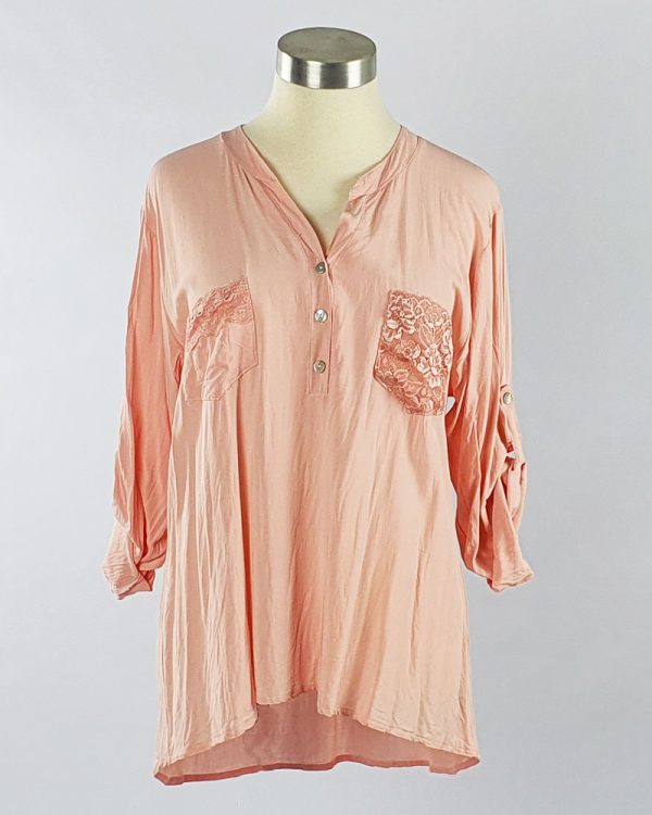 Viscose Shirt with Lace Pocket Pink