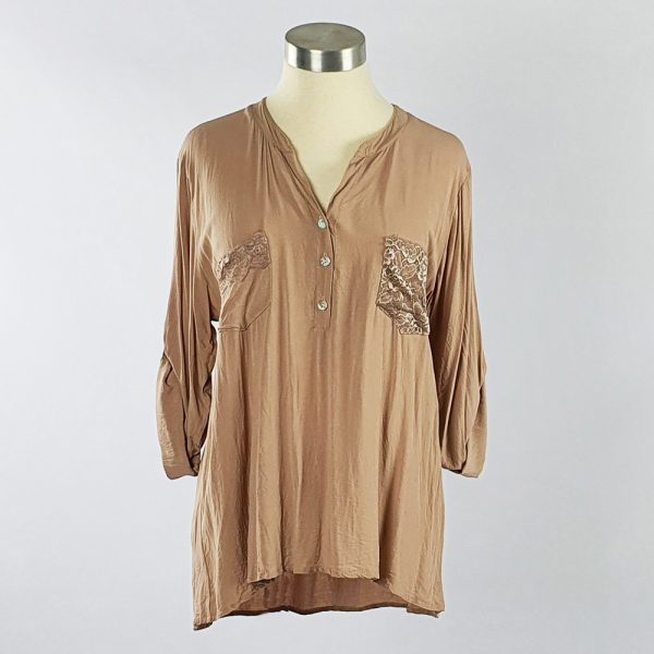 Viscose Shirt with Lace Pocket Stone