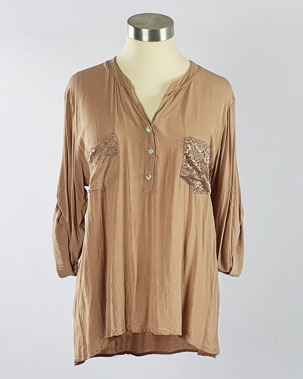 Viscose Shirt with Lace Pocket Stone