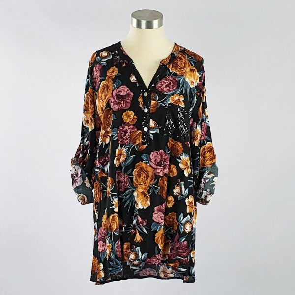 Viscose Printed Shirt with Sequin Pocket & Placket Black Floral