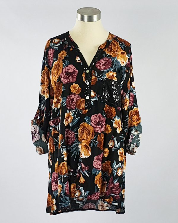 Viscose Printed Shirt with Sequin Pocket & Placket Black Floral