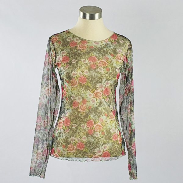 Small Flower Print Mesh Top Green/Pink