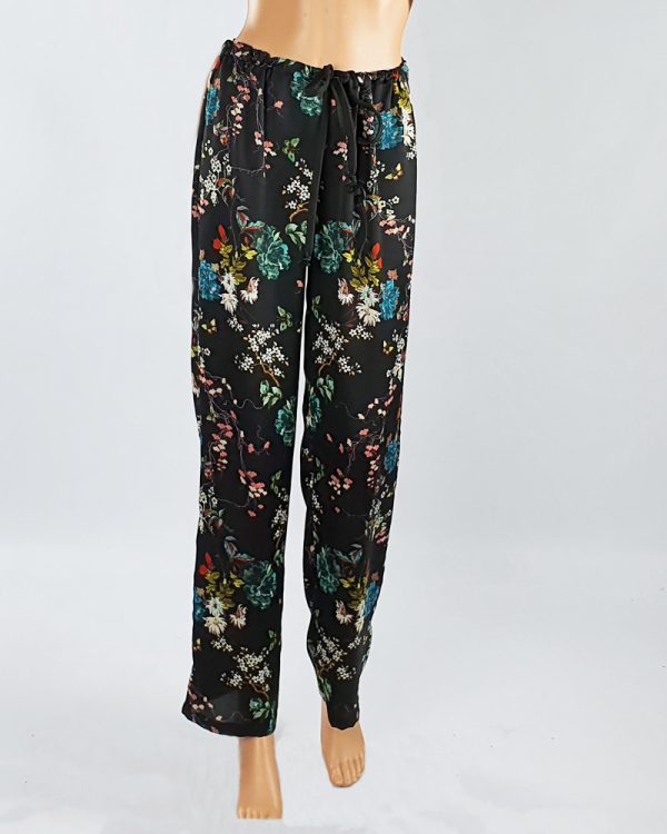 Bubble Satin Drawstring Pants Black Floral