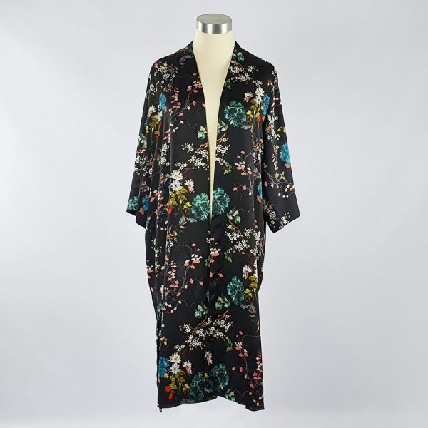 Bubble Satin Kimono Jacket Black Floral