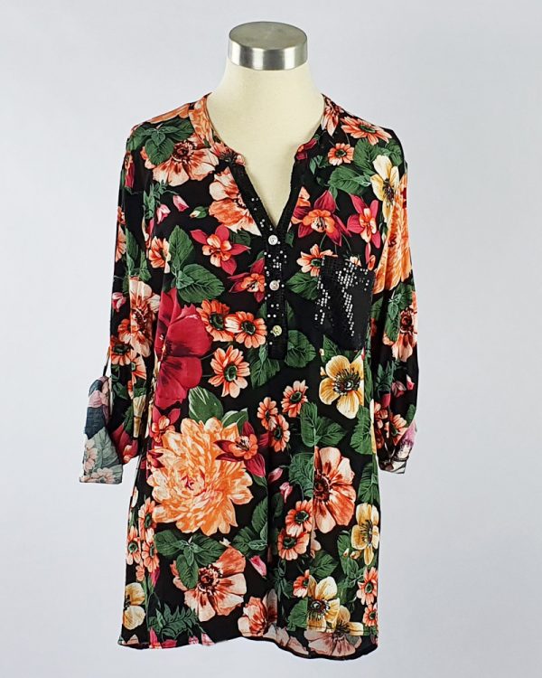 Viscose Printed Shirt with Sequin Pocket & Placket Black Floral