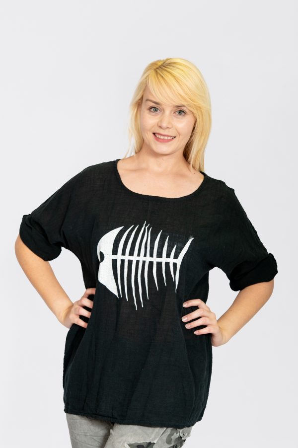 3/4 Sleeve Top With Fish Bone Print - Black Front