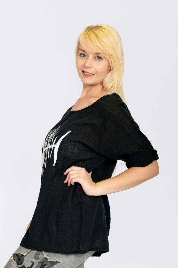 3/4 Sleeve Top With Fish Bone Print - Black Side