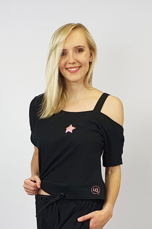 Open shoulder strap top black side