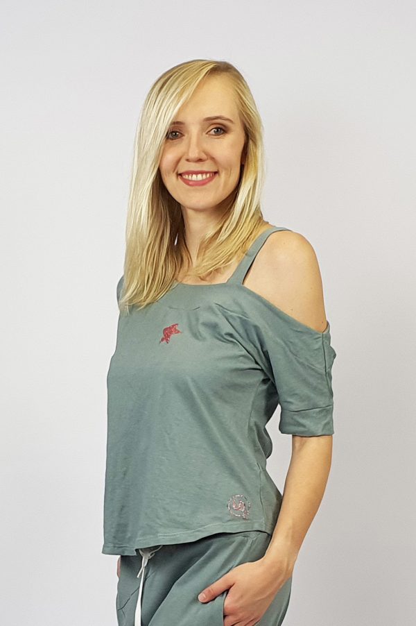 Open shoulder strap top grey side