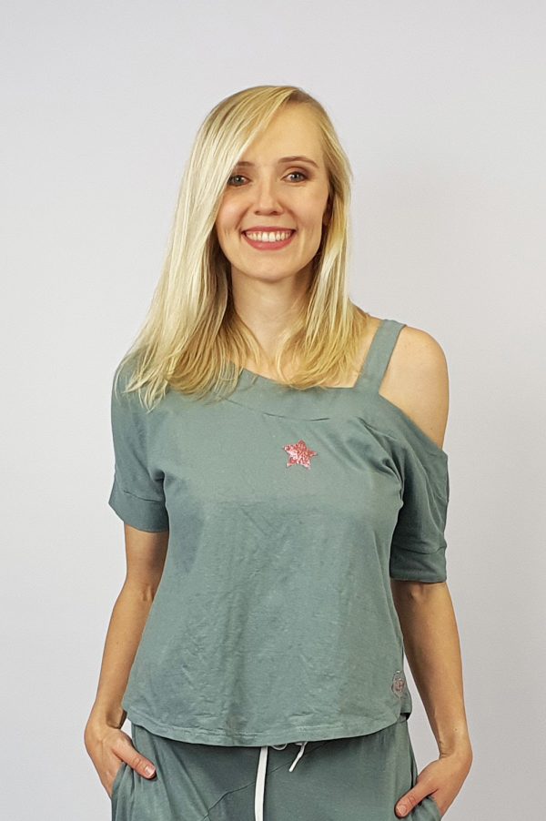 Open shoulder strap top grey front