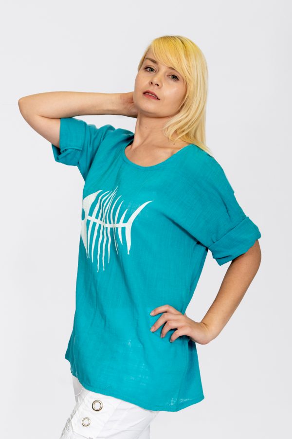 3/4 Sleeve Top With Fish Bone Print - Turquoise