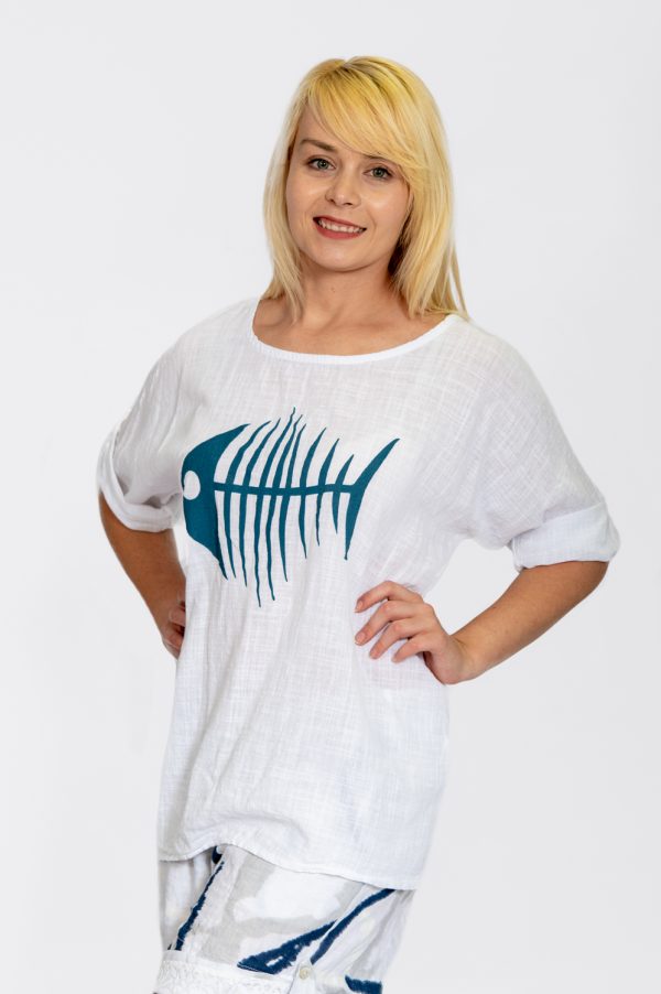 3/4 Sleeve Top With Fish Bone Print - White