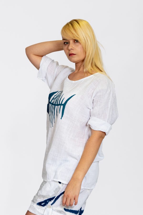 3/4 Sleeve Top With Fish Bone Print - White