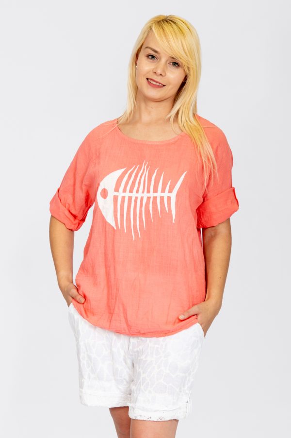 3/4 Sleeve Top With Fish Bone Print - Coral