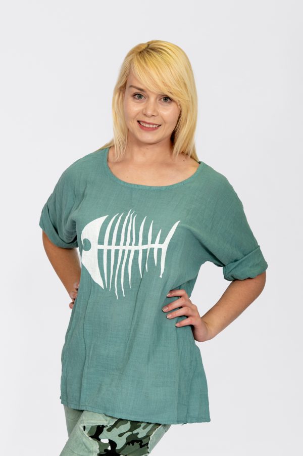 3/4 Sleeve Top With Fish Bone Print - Teal