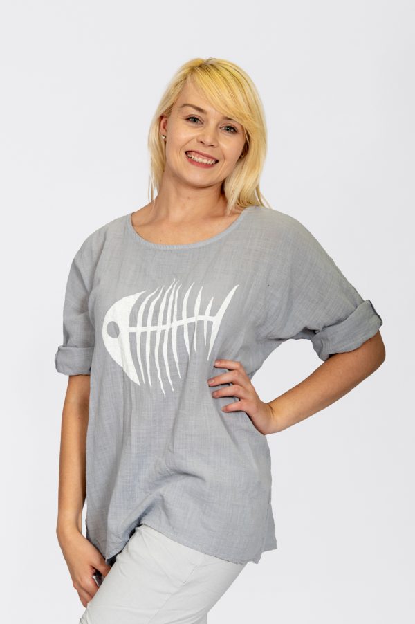 3/4 Sleeve Top With Fish Bone Print - Grey