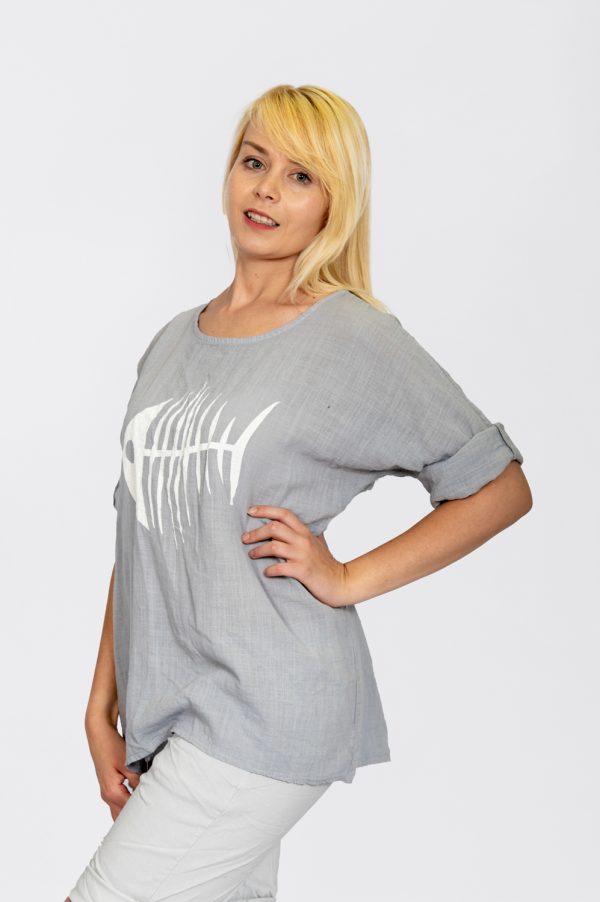 3/4 Sleeve Top With Fish Bone Print - Grey