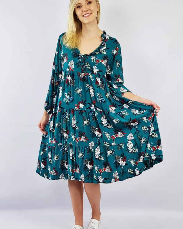 Viscose Ruffle Gathered Dress Emerald