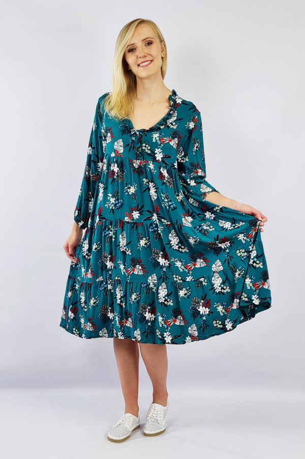 Viscose Ruffle Gathered Dress Emerald