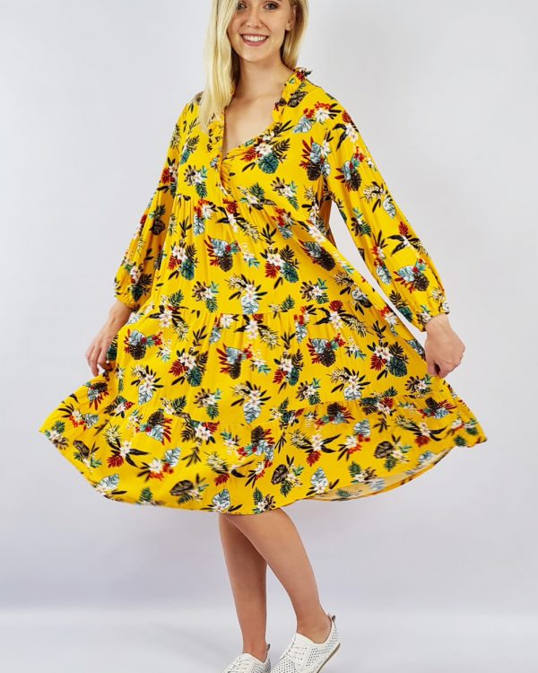 Viscose Ruffle Gathered Dress Yellow