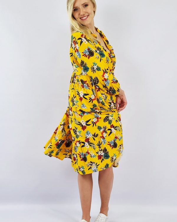 Viscose Ruffle Gathered Dress Yellow