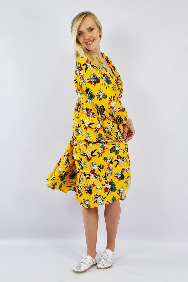 Viscose Ruffle Gathered Dress Yellow