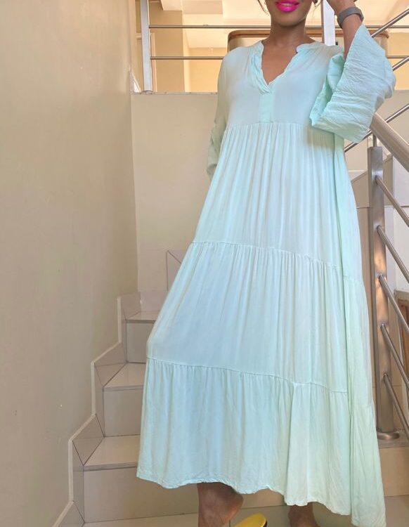 Viscose Panel Gathered Dress - Mint Front