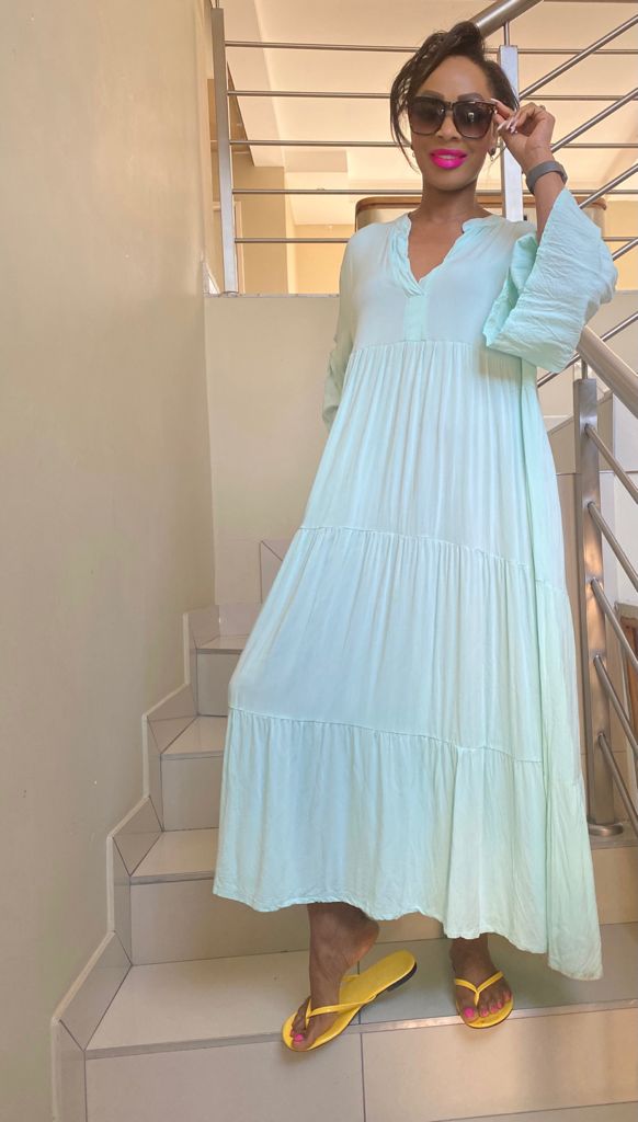 Viscose Panel Gathered Dress - Mint Front